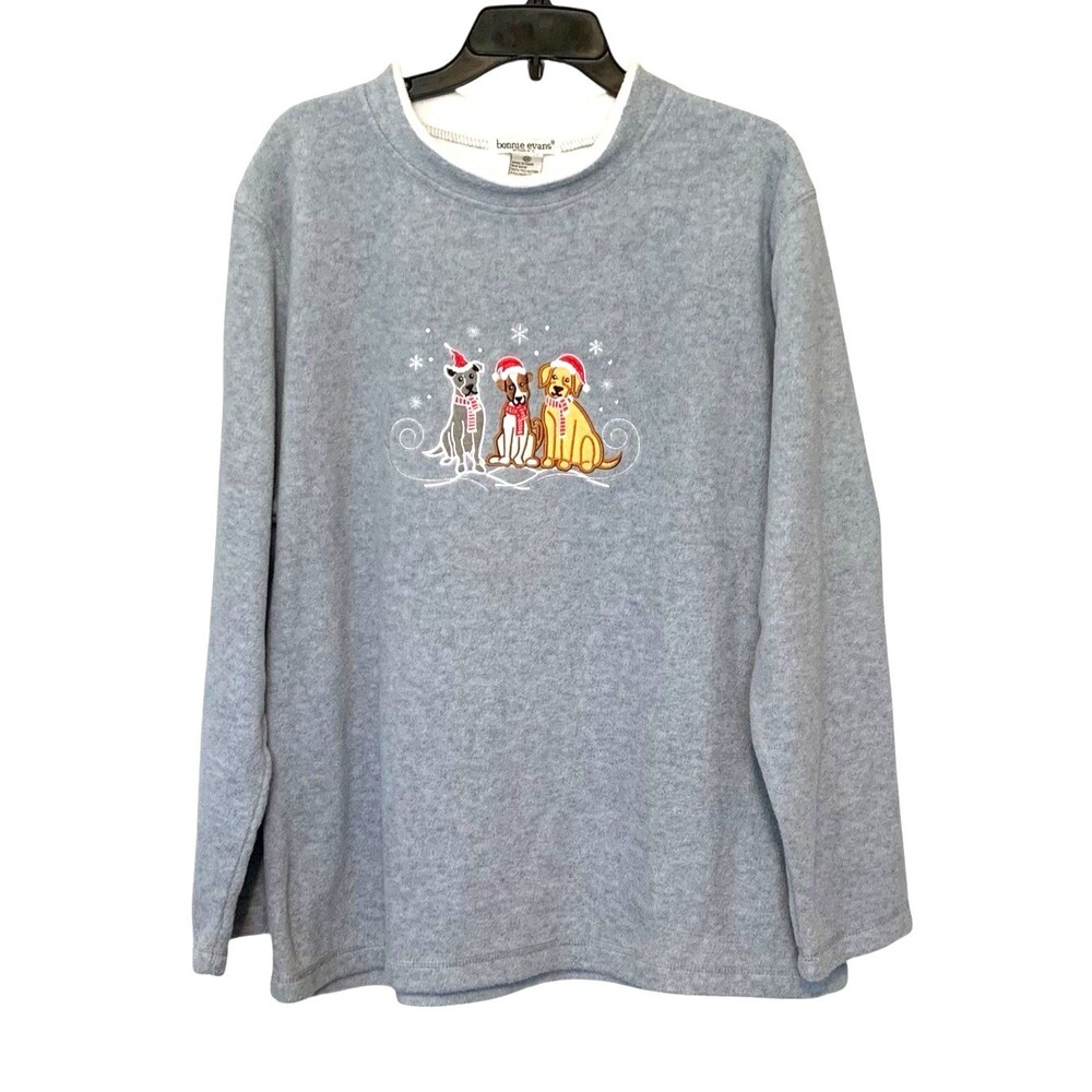 Bonnie Evans Size 2X  Gray Fleece Sweatshirt Dogs Wearing Santa Hats Christmas